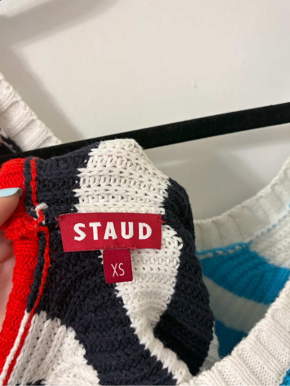 STAUD Crochet Crewneck Sweater in Red, Black, White